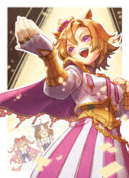  3girls agnes_digital_(umamusume) ahoge animal_ears armor blush bow bowtie breasts brown_hair cape closed_eyes commentary_request creape crown double-parted_bangs drooling ear_ribbon fingerless_gloves gloves glowstick gold_corset hair_between_eyes hair_bow hairband highres holding holding_glowstick horse_ears horse_girl horse_tail jewelry long_hair long_sleeves medium_breasts medium_hair meisho_doto_(umamusume) mini_crown mouth_drool multicolored_hair multiple_girls multiple_rings open_mouth orange_hair pink_cape pink_crown pink_hair pink_hairband pleated_skirt puffy_short_sleeves puffy_sleeves purple_bow purple_bowtie purple_shirt ring sailor_collar sailor_shirt school_uniform shirt short_hair short_sleeves shoulder_armor skirt smile spotlight t.m._opera_o_(o_sole_suo!)_(umamusume) t.m._opera_o_(umamusume) tail teeth tracen_school_uniform two-tone_hair two-tone_skirt umamusume upper_teeth_only violet_eyes white_gloves white_hair white_sailor_collar white_shirt white_skirt 