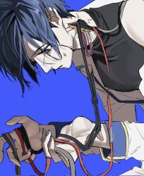  1boy adapted_costume android black_shirt blue_background blue_eyes blue_hair blue_nails blue_trim blue_wrist_cuffs cable coat coat_partially_removed collarbone commentary_request cracked_skin damaged double-parted_bangs ducky102938 empty_eyes exposed_internal_machinery frayed_cable from_side hair_over_eyes highres holding holding_cable kaito_(vocaloid) kaito_(vocaloid3) korean_commentary long_sleeves looking_at_hand looking_down male_focus open_clothes open_coat pale_skin parted_lips pectorals shirt short_hair simple_background single_bare_shoulder solo sweatdrop turtleneck upper_body vocaloid white_coat wire wrist_cuffs yellow_trim 