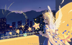 1girl absurdres angel_wings artist_name backlighting balcony blonde_hair building city cityscape commentary_request dated facing_away falling_feathers feathers from_behind hand_on_railing highres looking_ahead night original outdoors railing shadow short_hair short_sleeves solo standing star_(symbol) teardrops_(user_vgvd7733) white_wings wings 