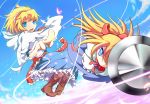  1girl absurdres alice_margatroid blonde_hair blue_eyes boots cherry_blossoms doll hair_ribbon hairband highres nekome_(zelmeledf2) polearm puppet_strings ribbon sky spear touhou weapon 