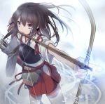  1girl akagi_(kantai_collection) armor arrow bow_(weapon) brown_eyes brown_hair gloves japanese_clothes kanda_done kantai_collection long_hair machinery muneate personification quiver solo sweatdrop weapon 
