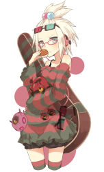  1girl 3d_glasses bare_shoulders bespectacled commentary dress glasses guitar_case hair_bobbles hair_ornament headphones heterochromatic_eyewear holding holding_poke_ball instrument instrument_case multicolored_hair_bobbles pink-framed_eyewear poke_ball poke_ball_(basic) pokemon pokemon_(creature) pokemon_bw2 revision roxie_(pokemon) scolipede short_dress short_hair striped_clothes striped_dress tinted_eyewear topknot venipede whirlipede white_hair wide_sleeves yukitake_(bullfalk) 