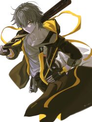  1boy arm_ribbon artist_name baseball_bat black_coat black_gloves black_pants caelus_(honkai:_star_rail) closed_mouth coat collarbone cowboy_shot fingerless_gloves floating_clothes gloves grey_hair hair_between_eyes hand_on_own_hip hand_up highres holding holding_baseball_bat honkai:_star_rail honkai_(series) hood hooded_coat i_iruka_i lapels long_sleeves looking_at_viewer male_focus open_clothes open_coat pants ribbon shirt short_hair simple_background solo standing t-shirt tassel trailblazer_(honkai:_star_rail) two-sided_coat two-sided_fabric white_background white_shirt yellow_coat yellow_eyes 