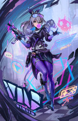  1girl ankle_holster blowing_bubble_gum bodysuit chewing_gum commentary cosplay crossover drill_hair elbow_gloves eyewear_on_head full_body gloves grey_eyes grey_hair gun hair_between_eyes hands_up high_collar highres holding holding_gun holding_weapon holographic_interface honkai:_star_rail honkai_(series) imdrunkontea jacket light_machine_gun long_hair looking_at_viewer machine_gun overwatch purple_bodysuit purple_jacket revision silver_wolf_(honkai:_star_rail) solo sombra_(overwatch) sombra_(overwatch)_(cosplay) standing weapon 
