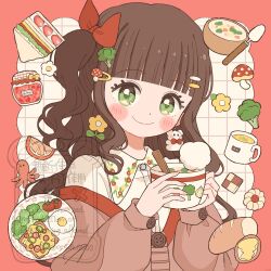  1girl blunt_bangs blush_stickers border bow bowl bread bread_slice broccoli brown_cardigan brown_hair buttons cardigan checkerboard_cookie cherry_tomato closed_mouth collared_shirt commentary_request cookie cup eeppa egg_(food) flower food food-themed_hair_ornament fruit green_eyes grid_background hair_bow hair_ornament hairclip highres holding holding_cup jam jar lettuce long_hair long_sleeves looking_at_viewer mug mushroom off_shoulder one_side_up orange_(fruit) orange_slice original outside_border parallel_hairclips pizza_toast plate red_border red_bow sandwich shirt smile solo spoon toast tomato upper_body white_background white_shirt yellow_flower 