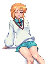  1girl amate_yuzuriha amate_yuzuriha_(cosplay) aqua_shirt aqua_skirt collared_shirt cosplay elpeo_puru full_body gundam gundam_gquuuuuux gundam_zz highres looking_at_viewer necktie one_eye_closed open_mouth orange_hair quanero school_uniform shirt short_hair sitting skirt smile solo striped_clothes striped_necktie sweater teeth upper_teeth_only violet_eyes 