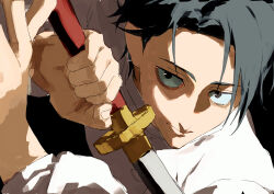  1boy 333takoyaki absurdres black_background black_eyes black_hair closed_mouth commentary_request fighting_stance hands_up highres holding holding_sword holding_weapon jacket jujutsu_kaisen katana male_focus okkotsu_yuuta short_hair simple_background solo sword upper_body weapon white_jacket 