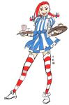  1girl alternate_costume braid cosplay dress food french_fries hamburger jinx_(league_of_legends) league_of_legends leng_wa_guo mascot red_eyes redhead ribbon smirk soft_drink solo striped striped_dress striped_legwear thighhighs tongue tongue_out twin_braids wendy&#039;s wendy_(wendy&#039;s) 