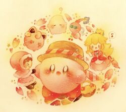  >_< 2girls ? basket blonde_hair blush boater_hat cherry cherry_blossoms closed_umbrella coat commentary_request crown dress flower food fruit hat holding holding_basket ice_climber jigglypuff kirby kirby_(series) luma_(mario) multiple_girls nana_(ice_climber) painting_(medium) parka pikmin_(series) pink_dress pokemon pokemon_(creature) princess_peach spoken_question_mark super_mario_bros. super_smash_bros. traditional_media umbrella watercolor_(medium) winged_pikmin winter_clothes winter_coat yukichi_0611 