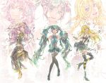  3girls ahoge arm_up blonde_hair blue_eyes boots bracelet cross-laced_footwear detached_sleeves ena1215 green_eyes green_hair hatsune_miku headset high_heels jewelry lace-up_boots lily_(vocaloid) long_hair megurine_luka multiple_girls navel necktie pink_hair skirt thigh-highs thigh_boots twintails very_long_hair vocaloid zoom_layer 