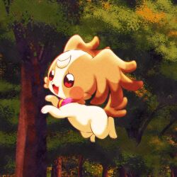  :3 :d @est@ blush_stickers collar commentary_request dog forest full_body happy heart heart-shaped_pupils highres inukai_komugi inukai_komugi_(dog) jumping nature no_humans open_mouth outdoors papillon_(dog) precure red_eyes smile solo symbol-shaped_pupils tree wonderful_precure! 