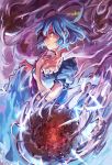  1girl blue_eyes blue_hair breasts cleavage dress finger_to_chin grin hair_ornament hair_rings hair_stick hutaba123 kaku_seiga large_breasts smile solo touhou 