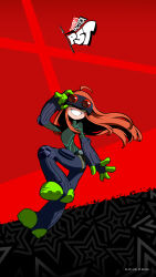  1girl adjusting_goggles ahoge atlus belt black_background black_bodysuit black_gloves bodysuit commentary copyright_name elbow_gloves english_commentary floating_hair full_body gloves goggles goggles_on_head green_gloves green_shoes green_trim highres knee_pads long_hair multicolored_gloves official_art oracle_(persona_5) orange_hair oribe_hanako persona persona_5 persona_5_tactica red_background sakura_futaba second-party_source shoes smile solo star_(symbol) star_symbol_background teeth 
