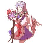  2girls apron barefoot bat_wings bow braid carrying closed_eyes hair_bow hat hat_ribbon izayoi_sakuya lavender_hair light_smile maid_headdress minust mob_cap multiple_girls parted_lips princess_carry puffy_short_sleeves puffy_sleeves remilia_scarlet ribbon short_hair short_sleeves silver_hair simple_background skirt skirt_set touhou twin_braids waist_apron white_background wings wrist_cuffs 