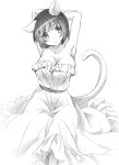  1girl animal_ears armpits arms_up bakemonogatari breasts cat_ears cat_tail cleavage dress hanekawa_tsubasa head_tilt highres kemonomimi_mode large_breasts monochrome monogatari_(series) mytyl nekomonogatari no_bra short_hair sitting solo strapless_dress tail 