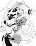  1girl bear_hair_ornament breasts cleavage crazy_smile crossed_arms dangan_ronpa enoshima_junko monochrome necktie open_mouth rihitoman skirt smile solo spoilers twintails 