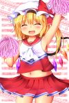  1girl arm_up armpits blonde_hair blush cheerleader fang flandre_scarlet hat hat_ribbon highres navel open_mouth pom_poms rena_(riries) ribbon side_ponytail skirt smile solo touhou wings 