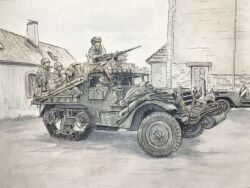  3boys atelier_bono browning_m2 building clouds cloudy_sky combat_helmet commentary_request gun heavy_machine_gun helmet highres m1_helmet m3_half-track machine_gun manually-operated_mounted_gun military_combat_uniform military_jeep military_uniform military_vehicle motor_vehicle multiple_boys original painting_(medium) sky soldier tow_hook traditional_media watercolor_(medium) weapon world_war_ii 