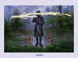  1boy black_coat black_hair border censored censored_identity character_request check_character cigarette coat commentary dalchi09 english_commentary facing_viewer forest full_body hand_in_pocket holding holding_cigarette lake male_focus nature omniscient_reader's_viewpoint open_clothes open_coat outdoors paint_splatter popped_collar short_hair smoke smoke_trail solo standing standing_on_liquid white_border yoo_joonghyuk 