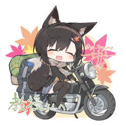  1girl animal_ear_fluff animal_ears backpack bag black_jacket blue_skirt blush borrowed_character brown_scarf brown_sweater checkered_clothes checkered_scarf checkered_skirt chibi closed_eyes commentary_request fang fox_girl from_side full_body hair_ornament jacket leaf leaf_hair_ornament looking_at_viewer maple_leaf medium_hair motor_vehicle motorcycle murabatodenki open_mouth original scarf school_uniform sitting skin_fang skirt smile solo sweater 