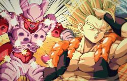  2boys abs afterimage battle black_vest blonde_hair bure_(fantasticyouth7) closed_eyes colored_sclera colored_skin dragon_ball dragon_ball_z gogeta janemba male_focus medium_hair metamoran_vest multiple_boys muscular muscular_male punching red_skin smear_frame spiky_hair super_saiyan super_saiyan_1 upper_body vest yellow_sclera 