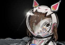  1girl 4others alien brown_hair commentary english_commentary evil_neuro-sama from_side hair_between_eyes helmet highres liquain moon multiple_others outdoors red_eyes reflection space space_helmet spacesuit two_side_up upper_body vedal_ai virtual_youtuber 