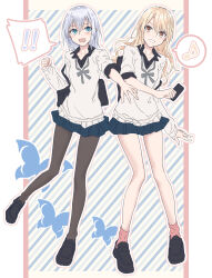  ! !! 2girls bag bang_dream! bang_dream!_girls_band_party! black_bag black_pantyhose black_shirt black_shoes blonde_hair blue_background blue_eyes blue_skirt collared_shirt commentary diagonal-striped_background eighth_note highres holding kirigaya_toko kurata_mashiro long_hair medium_hair miniskirt multiple_girls musical_note pantyhose pink_socks pleated_skirt school_bag shirt shoes short-sleeved_sweater short_sleeves skirt socks spoken_exclamation_mark spoken_musical_note striped_background sweater white_hair white_sweater yukitake_(bullfalk) 