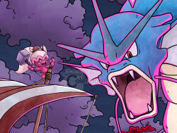  brown_helmet character_name clouds commentary english_commentary fake_horns fangs gyarados hammer helmet holding holding_hammer horned_helmet horns nostrils open_mouth pokemon pokemon_(creature) pokemon_focus ponytail red_eyes sky smile thecalendork tinkatuff watermark 