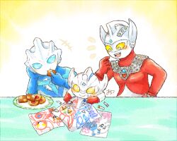  +++ 3boys ^_^ aged_down alien armor blue_eyes blue_gem blue_skin blush breastplate child's_drawing closed_eyes closed_mouth color_timer colored_skin commentary cookie crayon crayon_drawing dorsal_fin eating facing_another father_and_son food food_on_face forehead_jewel gem gloves glowing glowing_eyes gradient_background green_gem hand_on_own_hip hand_up happy holding holding_cookie holding_food horns looking_at_another male_focus mitino78 multicolored_skin multiple_boys no_pupils notice_lines open_mouth pectorals plate red_gloves red_skin signature silver_skin smile table teeth tokusatsu two-tone_skin ultra_galaxy_(series) ultra_galaxy_fight:_the_absolute_conspiracy ultra_series ultraman_taiga ultraman_taiga_(series) ultraman_tarou ultraman_tarou_(series) ultraman_tregear ultraman_tregear_early_style upper_teeth_only yellow_background 