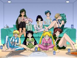 adult_swim aino_minako alcohol artemis_(sailor_moon) ass barefoot bishoujo_senshi_sailor_moon bishoujo_senshi_sailor_moon_r bishoujo_senshi_sailor_moon_r:_the_movie bishoujo_senshi_sailor_moon_s bishoujo_senshi_sailor_moon_s:_the_movie bishoujo_senshi_sailor_moon_supers bishoujo_senshi_sailor_moon_supers:_the_movie black_hair blonde_hair blue_eyes blue_hair blush breasts brown_eyes brown_hair butt chibi_usa clenched_teeth closed_eyes closed_mouth couch crimson_eyes cup drinking_glass earrings feet food grape_juice green_hair grin hair_ribbon highres hino_rei indoors jewelry kaiou_michiru kino_makoto kiss kodi_sakari long_hair meiou_setsuna midriff mizuno_ami navel on_couch open_mouth pajamas pink_hair playing_games playstation_controller ponytail ribbon shorts small_breasts smile soles teal_hair teeth ten'ou_haruka toei_animation toei_company tomoe_hotaru toonami tsukino_usagi twintails violet_eyes viz_media wine wine_glass yuri