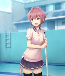  1girl ahoge black_thighhighs bleachers blue_skirt blue_sky breasts buttons cleaning cowboy_shot day dot_nose double-parted_bangs empty_pool game_cg green_eyes holding indoors nagasaki_sumi official_art open_mouth pool pool_ladder purple_hair renpu_girls_school_uniform school_uniform shirt short_hair short_sleeves skirt sky skylight small_breasts solo summer_uniform sweat tears thigh-highs third-party_source toji_no_miko toji_no_miko:_kizamishi_issen_no_tomoshibi wavy_mouth white_shirt window zettai_ryouiki 