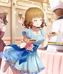 1boy 2girls :q bare_shoulders blue_bow blue_dress blue_sandals blue_sash blunt_bangs blush bow breasts brown_dress brown_hair buffet ceiling_light chef_hat closed_eyes cowboy_shot dress elbow_gloves flower food food_request formal_clothes game_cg gloves hat indoors jewelry licking_lips meat medium_breasts multiple_girls necklace official_art pearl_necklace pink_flower pink_rose rose sandals sash sausage shirt short_sleeves shrimp shrimp_tempura sign skewer solo_focus standing standing_on_one_leg strapless strapless_dress tempura third-party_source toji_no_miko toji_no_miko:_kizamishi_issen_no_tomoshibi tomato tomato_slice tongue tongue_out waist_bow wavy_hair white_hat white_shirt 