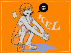  1boy collarbone commentary english_commentary kel_(faraway)_(omori) kel_(omori) looking_at_viewer male_focus monochrome nill_(nill) omori orange_theme shoes short_hair shorts smile sneakers solo speech_bubble spoken_emoji squatting sunglasses_emoji teeth upper_teeth_only v 