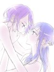  2girls blue_hair couple dokidoki!_precure eye_contact hand_on_another&#039;s_cheek hand_on_another&#039;s_face hishikawa_rikka holding_head kenzaki_makoto long_hair looking_at_another multiple_girls negom nude precure profile purple_hair short_hair simple_background sketch white_background yuri 