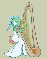  1girl blue_bow bob_cut bow closed_eyes colored_skin commentary_request flat_chest flat_color gardear058 gardevoir green_hair green_skin grey_background hair_bow hair_over_one_eye hands_up happy harp highres instrument medium_hair multicolored_skin music on_stool one_eye_covered open_mouth partial_commentary playing_instrument poke_ball_symbol pokemon pokemon_(creature) simple_background sitting smile solo two-tone_skin u_u white_skin 