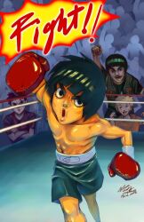  2008 4boys anger_vein arm_up black_hair black_shorts blonde_hair blue_background boxer boxing boxing_gloves boxing_ring boxing_shorts cheering cowboy_shot crowd dated deviantart_sample english_text flak_jacket green_hair green_jacket green_shirt green_vest incoming_attack incoming_punch light_frown looking_at_another looking_at_viewer magenta_t-shirt might_guy naruto naruto_(classic) naruto_(series) open_mouth orange_shirt pale_skin punching rnmeomeoow rock_lee short_hair signed speech_bubble spiky_hair toned toned_male uchiha_sasuke uchiha_symbol upper_body 