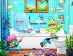  aqua_eyes artist_name bath bathing bathtub blue_sky bottle bright_pupils brushing bruxish bubble bubble_bath castform castform_(rainy) celebi character_print chewtle closed_eyes closed_mouth commentary day ditto ducklett english_commentary evolution_stone floating fresh_water_(pokemon) gossifleur hand_mirror handrail hands_on_another's_head holding holding_brush holding_mirror holding_rubber_duck holding_toy horsea in_bathtub mirror mouth_hold no_humans nostrils on_stool on_toilet one_eye_closed open_mouth plant pokemon politoed potted_plant prism_scale psyduck quagsire quaxly rubber_duck rug shared_bathing sharp_teeth shelf shower_curtain signature sky smile solosis sunkern teeth thecalendork themed_object toilet toy toy_boat transformed_ditto trubbish water water_stone watermark white_pupils window wishiwashi wishiwashi_(school) wishiwashi_(solo) wooper 