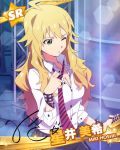  1girl ahoge blonde_hair bracelet breasts character_name cleavage green_eyes hoshii_miki idolmaster idolmaster_million_live! jewelry long_hair necktie official_art signature solo wink 