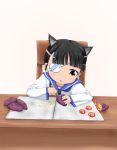  1girl animal_ears black_hair brown_eyes carving chair child desk eyepatch food malmi sailor_collar sakamoto_mio simple_background sitting solo strike_witches sweet_potato uniform white_background young 