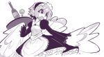  1girl apron cup dress feathered_wings flat_chest frilled_dress frills harpy maid maid_headdress monochrome monster_girl original puffy_sleeves sho-n-d solo tray wine_bottle wine_glass 