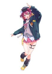  1girl backwards_hat bandaid bandaid_on_leg baseball_cap bone_hair_ornament collar commentary cross_hair_ornament dog dog_tags english_commentary green_hoodie green_jacket green_sweater grey_vest hair_ornament hat highres hood hoodie indie_virtual_youtuber jacket kuma_4go leg_warmers ohitspiper open_mouth pink_skirt pleated_skirt red_hair school_uniform shirt shoes skirt sweater thigh_strap thighs vest virtual_youtuber white_shirt yellow_eyes yellow_shoes 