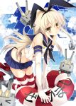  &gt;_&lt; 1girl :3 blonde_hair clouds elbow_gloves gloves hair_ribbon highleg innertube kantai_collection kobayashi_chisato long_hair machinery microskirt open_mouth panties personification rensouhou-chan ribbon sailor_dress shimakaze_(kantai_collection) skirt sky star striped striped_legwear thighhighs turret underwear water yellow_eyes 