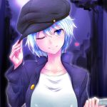  1girl blue_eyes blue_hair blush bust buttons cabbie_hat character_request collarbone hat hat_tip heart highres looking_at_viewer rip-off_(manga) short_hair smile solo watarui wink 