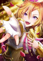  animal_ears armor blush breasts cape commentary_request crown fingerless_gloves gem gloves gold_corset green_gem hair_between_eyes horse_ears horse_girl jewelry long_sleeves looking_at_viewer mini_crown multiple_rings open_mouth orange_hair otono_(bkt4b) petals pink_cape pink_crown reaching reaching_towards_viewer ring shirt short_hair shoulder_armor single_fingerless_glove smile solo t.m._opera_o_(o_sole_suo!)_(umamusume) t.m._opera_o_(umamusume) teeth umamusume upper_teeth_only violet_eyes white_gloves white_shirt 