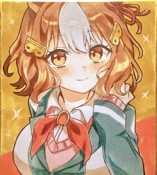  1girl animal_ears belno_light_(umamusume) brown_eyes brown_hair closed_mouth collared_shirt commentary_request ear_ribbon hair_ornament highres horse_ears horse_girl kaoru_(h8qm9) kasamatsu_tracen_school_uniform letter_hair_ornament long_sleeves looking_at_viewer multicolored_hair neckerchief pink_sweater red_background red_neckerchief red_ribbon ribbon school_uniform shikishi shirt short_hair smile solo streaked_hair sweater traditional_media two-tone_background two-tone_hair umamusume umamusume:_cinderella_gray upper_body white_shirt 