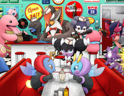  :< analog_clock antennae apron aqua_eyes artist_name bag brand_name_imitation brick_wall bright_pupils brown_bag brown_eyes burger cash_register checkered_floor cherry cleaning cleaning_rag clock closed_mouth clothed_pokemon coca-cola coffee coffee_pot commentary counter croagunk deino_(pokemon) diner doorway drinking drinking_straw drinking_straw_in_mouth english_commentary english_text fangs food french_fries fruit gothorita hair_over_one_eye hand_on_own_hip hat holding holding_coffee_pot holding_rag holding_tray illumise indeedee indeedee_(male) indoors insect_wings jigglypuff jitome ketchup_bottle key klefki komala lickitung lips long_nose looking_at_another milkshake morgrem mustard_bottle napkin_holder nostrils on_stool open_mouth paper_bag pointy_nose pokemon pokemon_(creature) pokemon_focus pouring red_eyes sign sitting smile snubbull sprinkles standing staraptor stool striped_apron striped_clothes table thecalendork tongue tongue_out toxel toxtricity toxtricity_(amped) tray vertical-striped_apron vertical-striped_clothes vinyl_record volbeat wall_clock watermark whipped_cream white_hat white_pupils wings yellow_eyes 