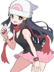  1girl beanie black_hair blue_hair blush boots bracelet breasts commentary_request grey_eyes hair_ornament hairclip hat hikari_(pokemon) hiyoshipow holding holding_poke_ball jewelry long_hair looking_at_viewer open_mouth pink_skirt poke_ball poke_ball_(basic) poke_ball_print poke_ball_symbol pokemon pokemon_dppt poketch red_scarf scarf shirt simple_background skirt sleeveless smile solo watch watch white_background white_hat 