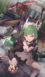  1girl apron black_romper blunt_bangs bow bowtie braid braided_ponytail brown_eyes colored_sclera commentary_request dragalge fish green_hair highres holding holding_poke_ball juliet_sleeves leafy_seadragon lebanne_(pokemon) long_braid long_hair long_sleeves looking_at_viewer maid maid_apron maid_headdress mega_stone mineta_naoki open_mouth poke_ball pokemon pokemon_(creature) pokemon_legends:_z-a puffy_sleeves red_sclera romper seahorse sharp_teeth teeth thigh-highs tsurime ultra_ball white_bow white_bowtie white_thighhighs 