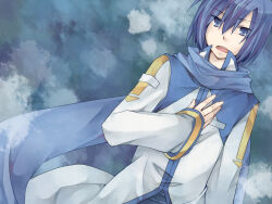 1boy blue_background blue_eyes blue_hair coat commentary_request hand_on_own_chest kaito kaito_(vocaloid) long_sleeves looking_at_viewer male_focus open_mouth scarf shinyae short_hair solo vocaloid