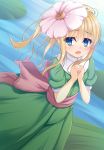  1girl blonde_hair blue_eyes bow dress flower flower_on_head green_dress hands_clasped highres lily_pad long_hair solo water 